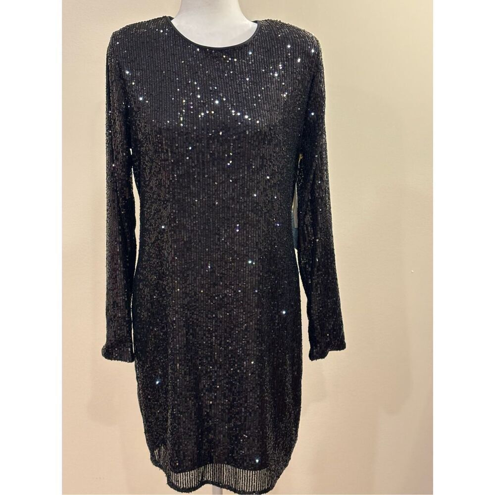 Cece Women's Long Sleeve Sequin Mini Dress Rich Black Size 12 NWT